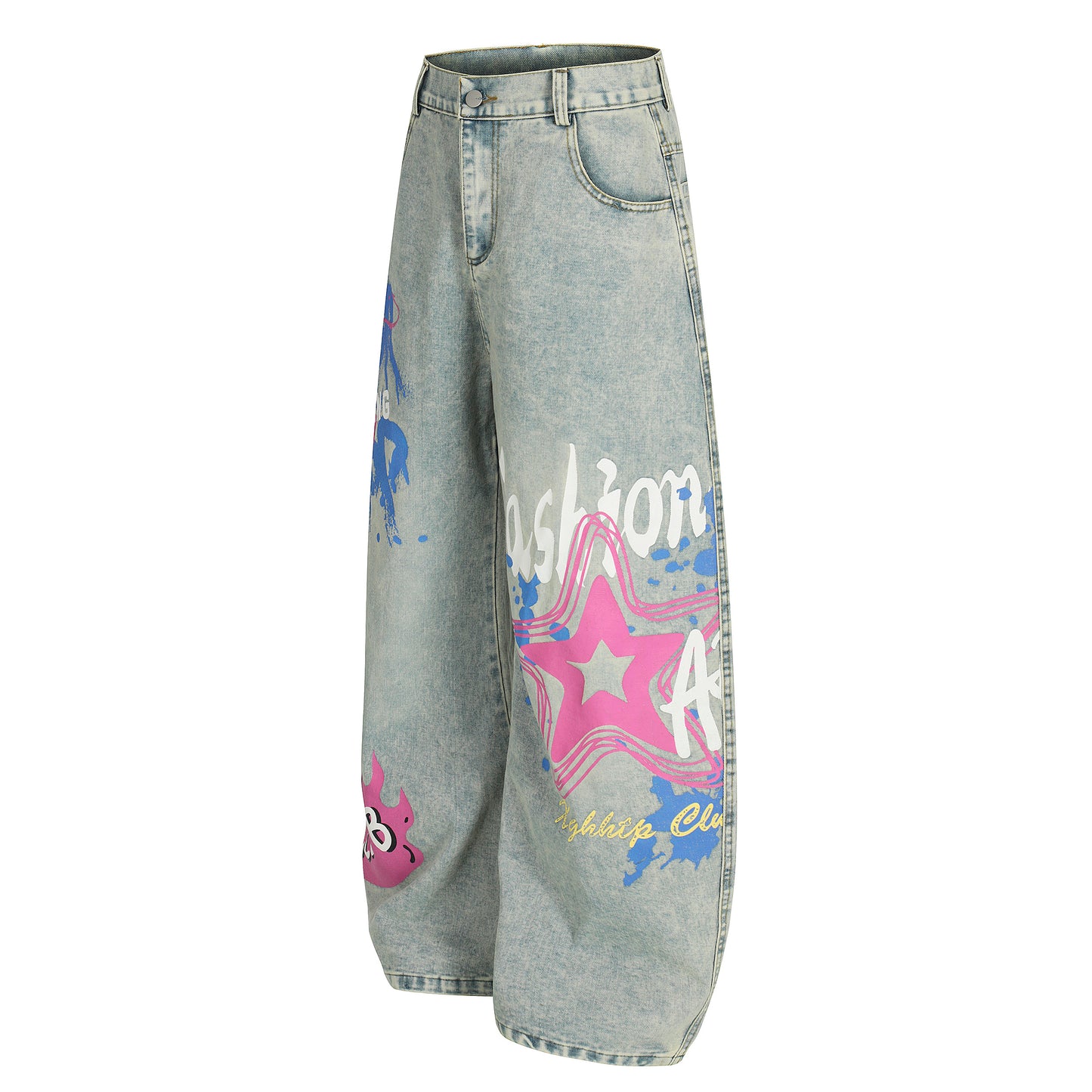 Star graffiti barrel leg jeans light blue - front full