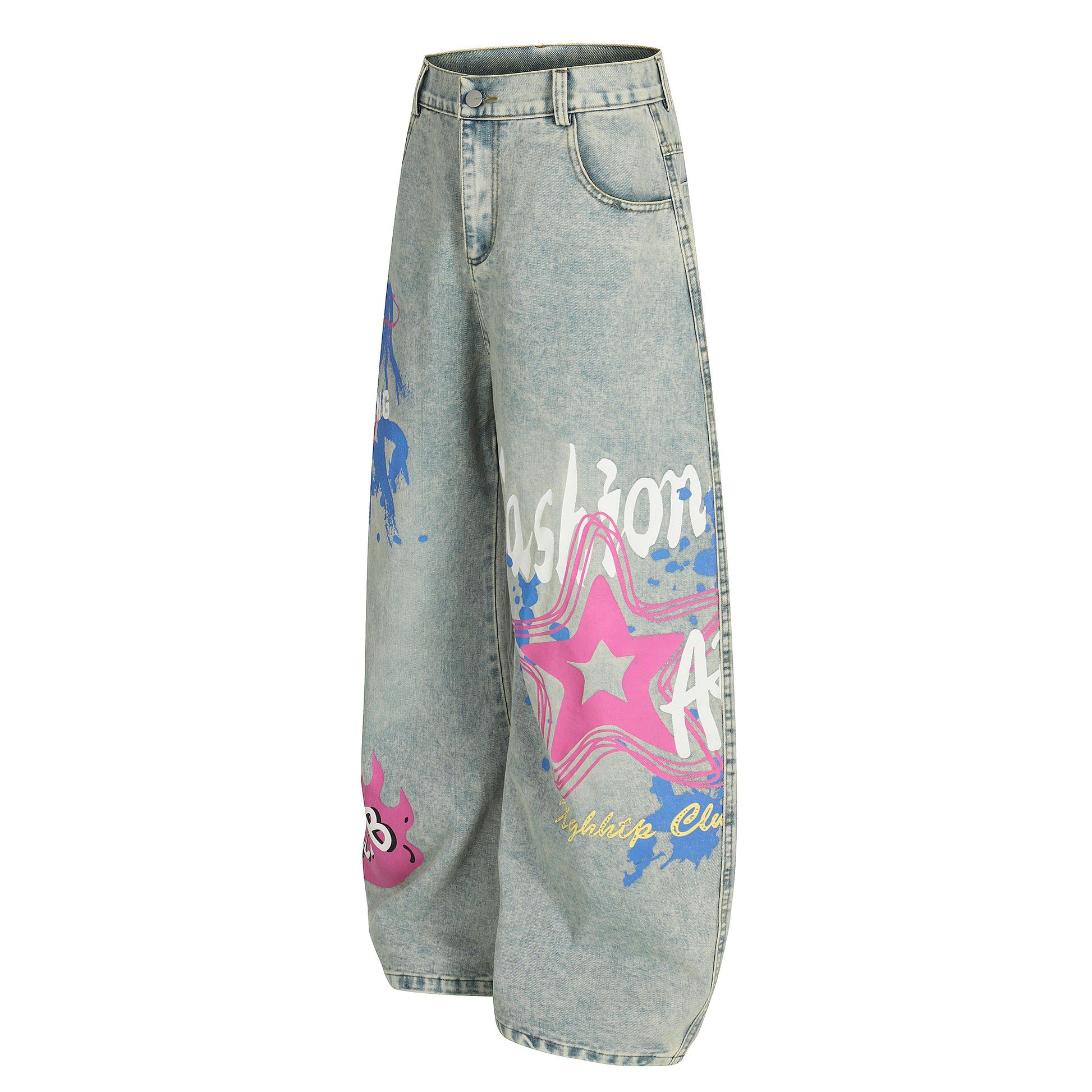 Star graffiti barrel leg jeans light blue - front full