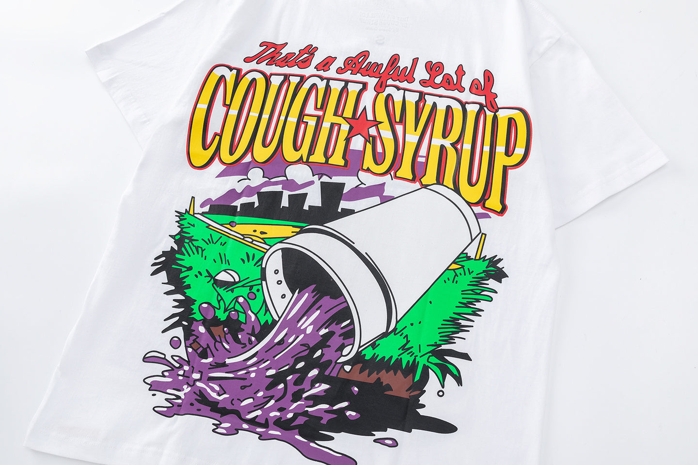 White oversized graphic T-shirt with colorful cough syrup and baseball player front print - view 4
