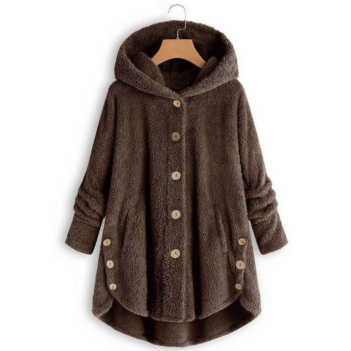 Qeaghou Thick Winter Coats for Women Causal Cute Sherpa Coats Fuzzy Fleece Warm Coats Button Down Long Sleeve Hooded Coat