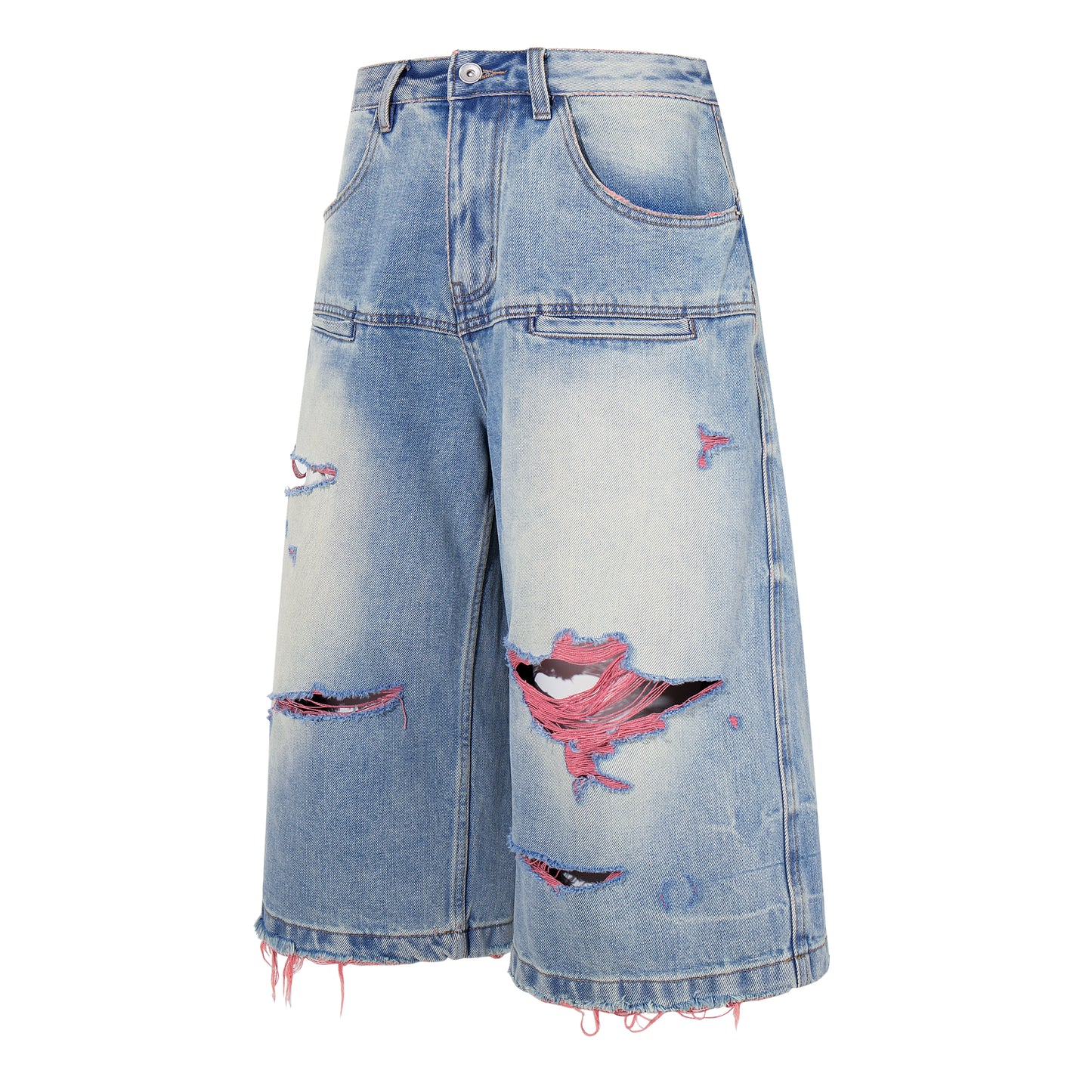 Light Blue Distressed Wide-Leg Cropped Denim Shorts