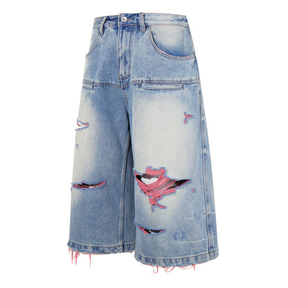 Light Blue Distressed Wide-Leg Cropped Denim Shorts