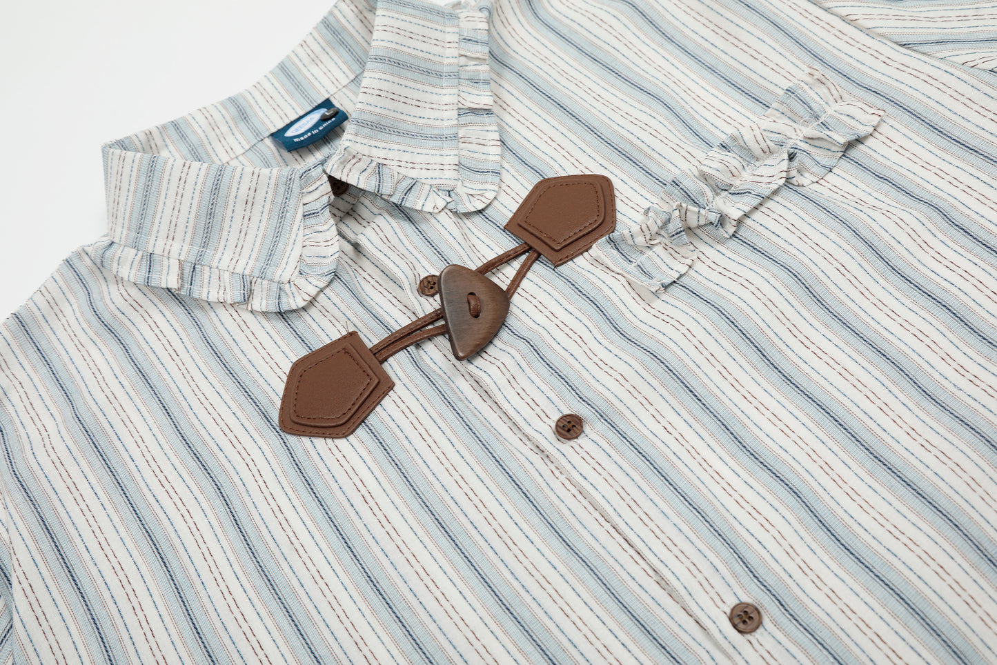 Stripe Fringe Collar Linen Cotton Short Sleeve Shirt Oversized Button Down Leather Buckle Detail Casual Summer Top | Fringe Stripe
