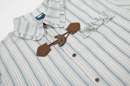 Stripe Fringe Collar Linen Cotton Short Sleeve Shirt Oversized Button Down Leather Buckle Detail Casual Summer Top | Fringe Stripe