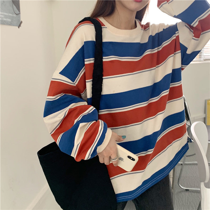 Kvinnor Harajuku Oversized Stripe Casual Långärmad T-shirt T-shirt med rund hals