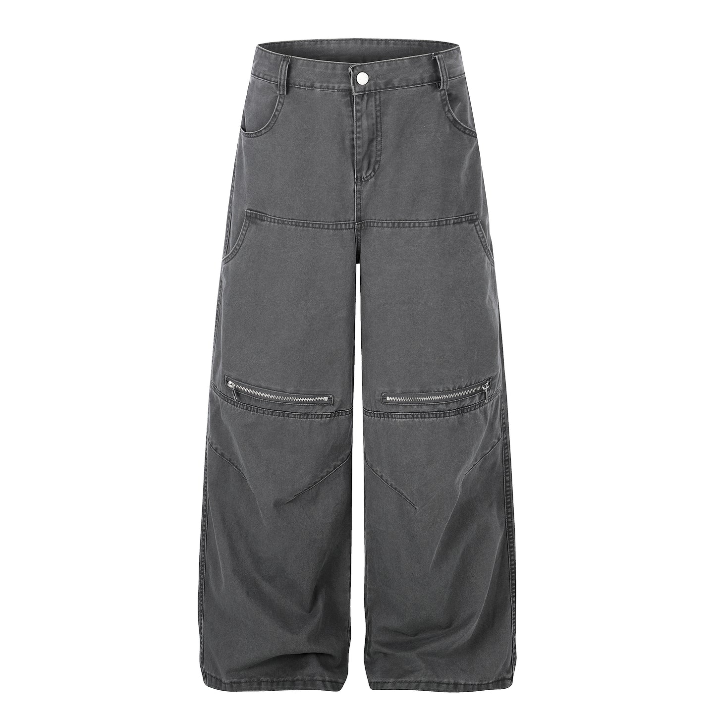 Zip Block Washed Wide Leg Cargo Pants Gray Back