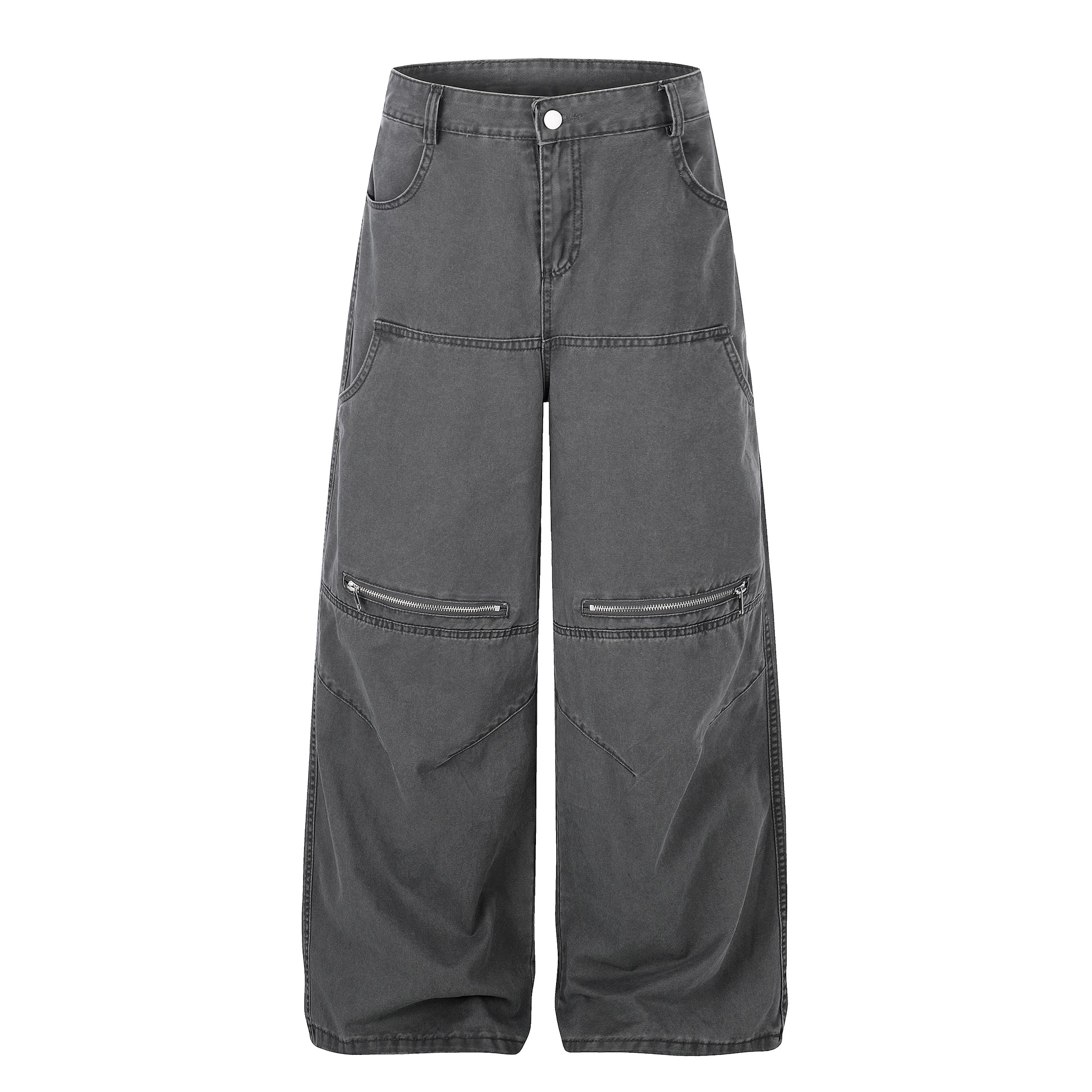 Zip Block Washed Wide Leg Cargo Pants Gray Back
