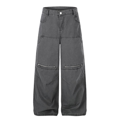 Zip Block Washed Wide Leg Cargo Pants High Waist Streetwear Y2K Vintage Knee Zip Patchwork Trousers | Zip Block