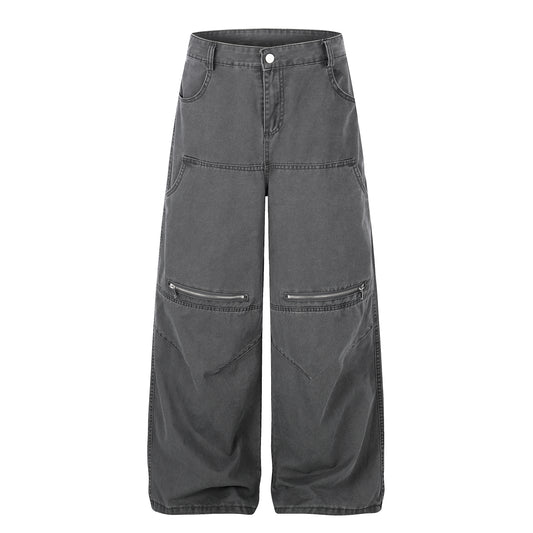 Zip Block Washed Wide Leg Cargo Pants Gray Back