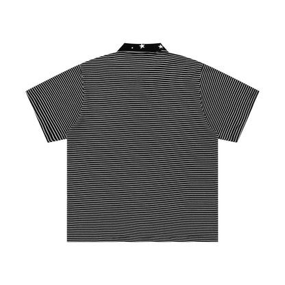 Striped Polo Short Sleeve Tee Star Collar Oversized Streetwear Summer Casual Top