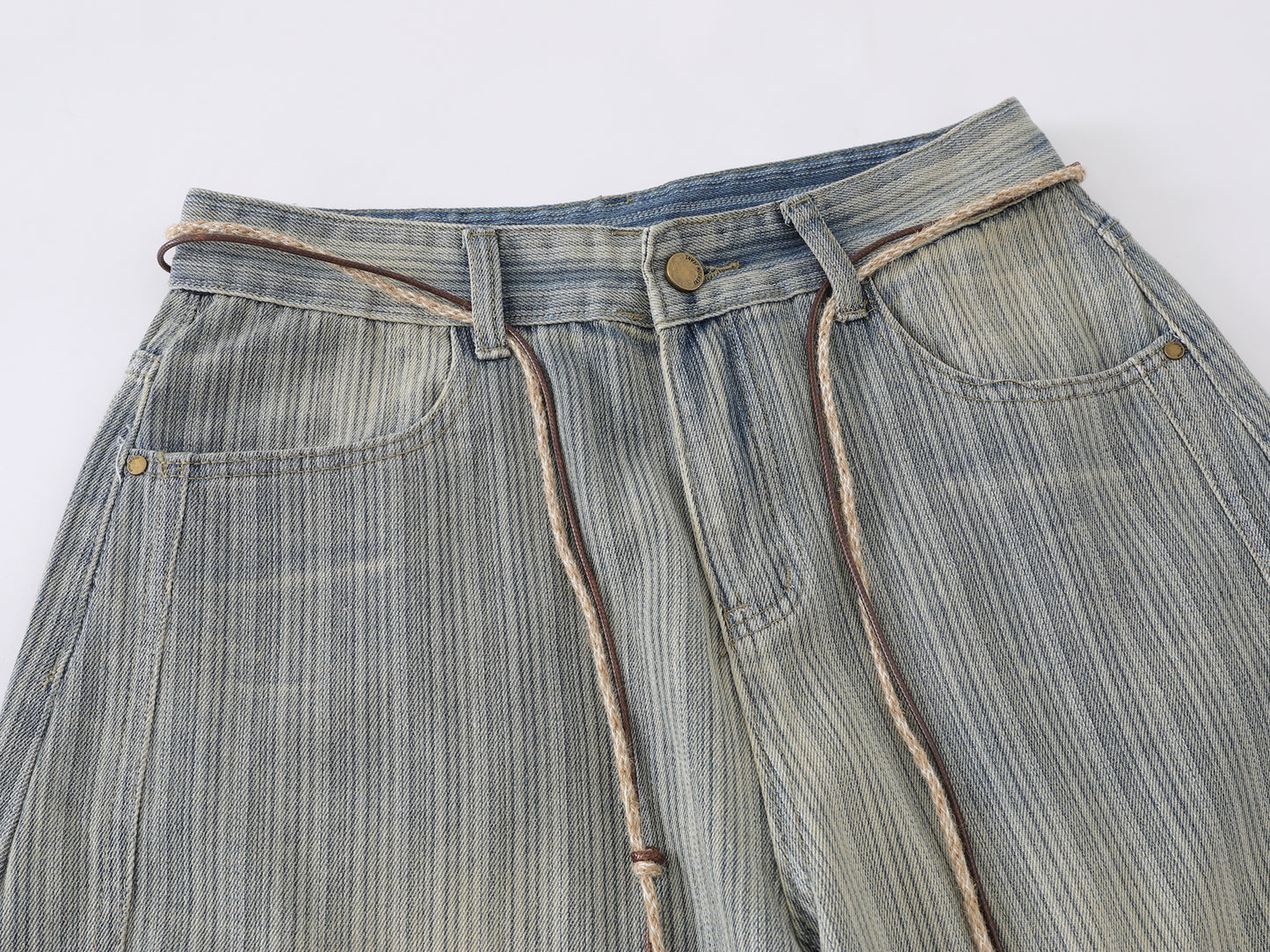 Stripe Texture Balloon Wide Leg Jeans Braided Rope Belt Wooden Bead High Waist Baggy Denim Pants Vintage Streetwear Trousers | Bead Rope