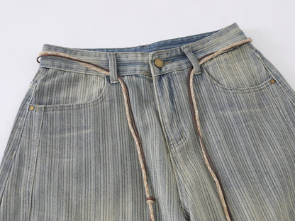 Stripe Texture Balloon Wide Leg Jeans Braided Rope Belt Wooden Bead High Waist Baggy Denim Pants Vintage Streetwear Trousers | Bead Rope