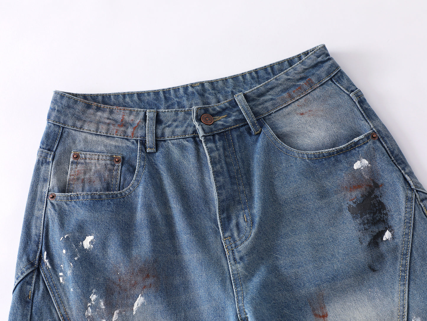 Paint Splatter Mud Dye Barrel Wide Leg Jeans High Waist Light Wash Distressed Diagonal Seam Streetwear Denim Trousers | Mud Canvas