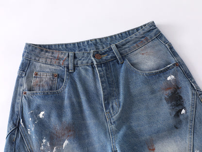 Paint Splatter Mud Dye Barrel Wide Leg Jeans High Waist Light Wash Distressed Diagonal Seam Streetwear Denim Trousers | Mud Canvas