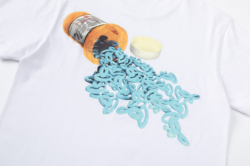 White crew neck short sleeve graphic T-shirt with small blue chest graphic - view 5
