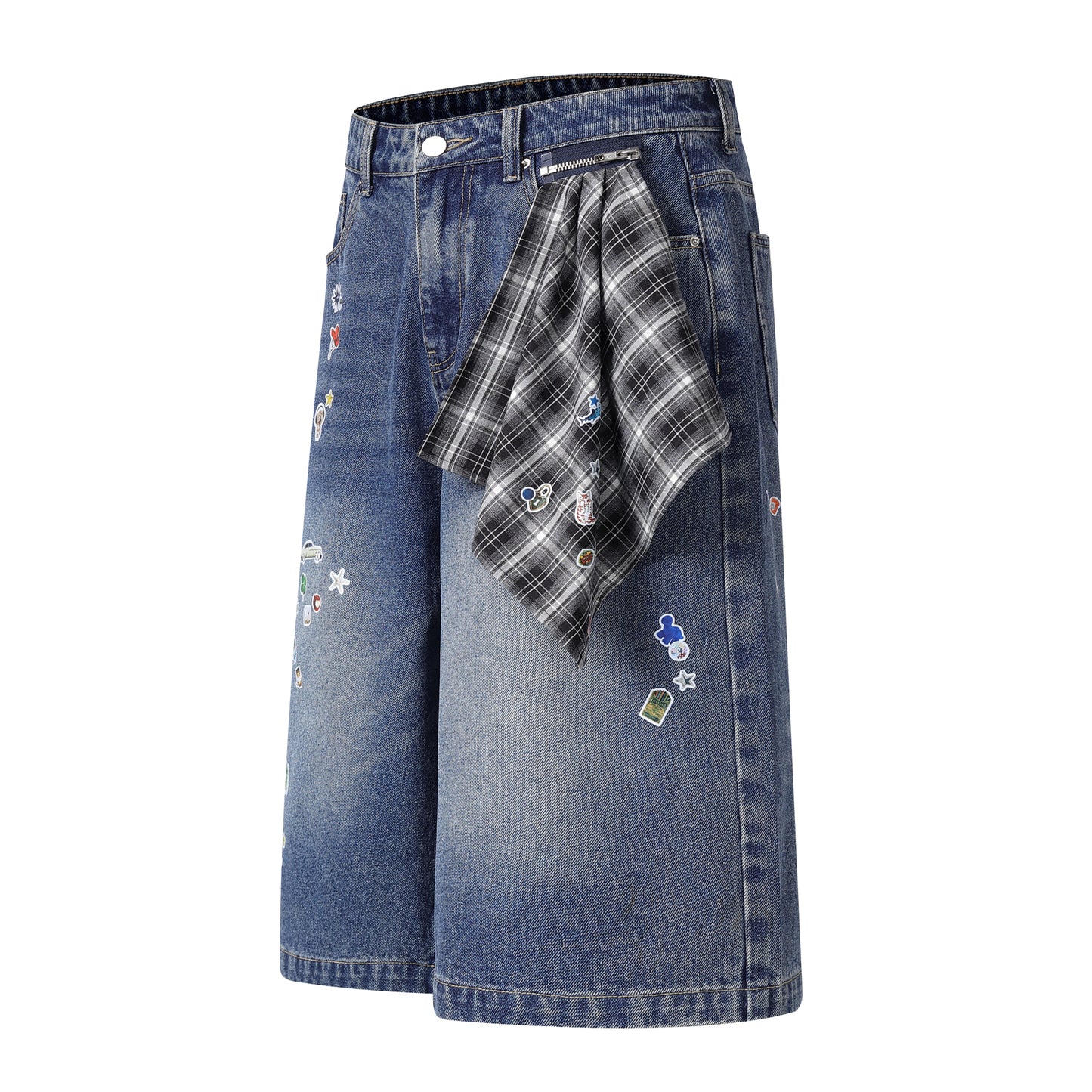 Sticker Hanky Cartoon Wide Leg Denim Shorts - Black Front