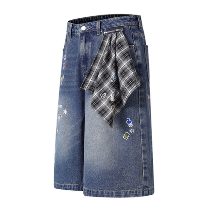 Cartoon Sticker Print Wide Leg Denim Shorts Plaid Handkerchief Waist Detail High Waist Casual Streetwear Baggy Jean Shorts | Sticker Hanky