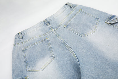 Women's Lace Trim Rhinestone Floral Cargo Wide Leg Jeans High Waist Light Wash Casual Streetwear Denim Pants