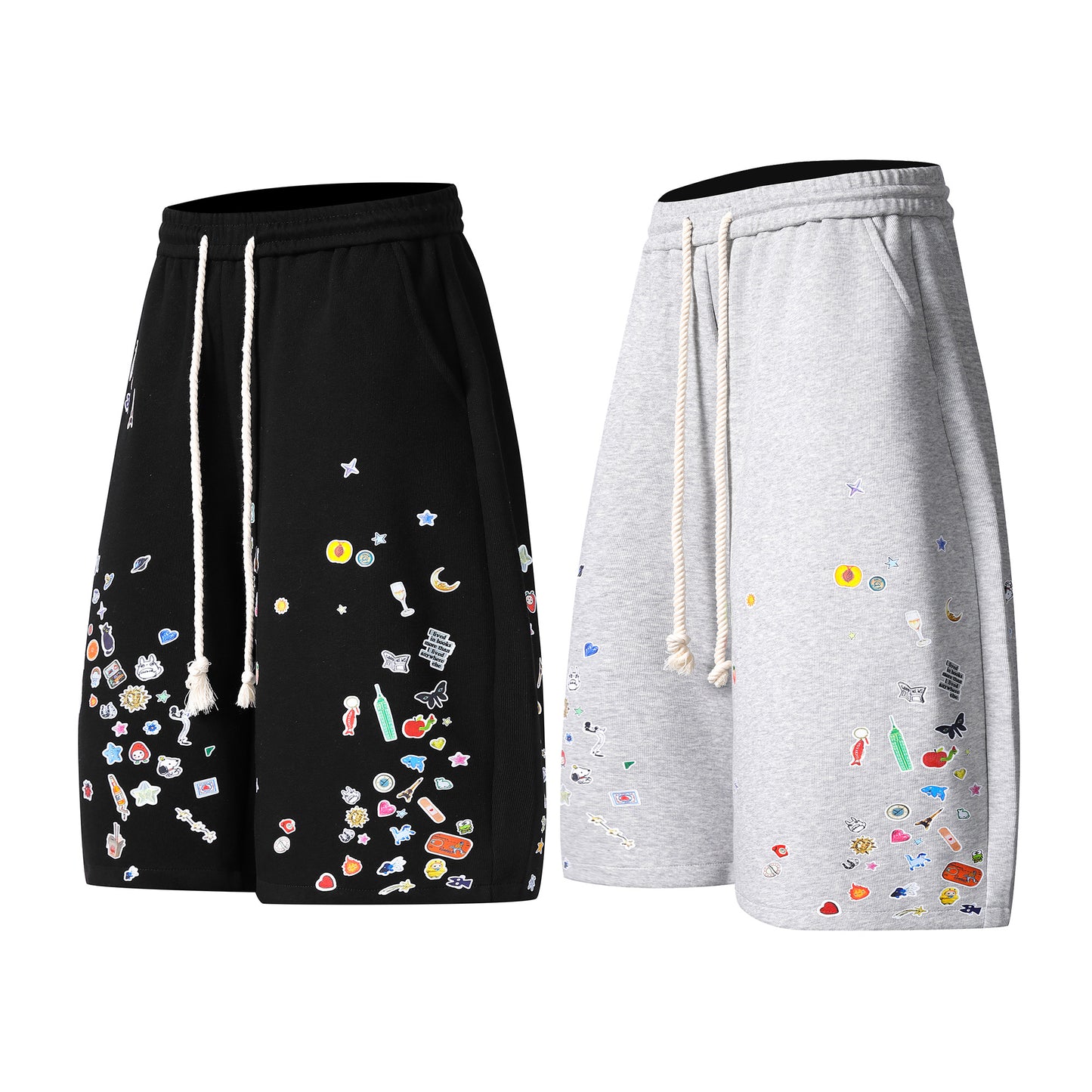 Kawaii sticker print fleece shorts both colorways angled