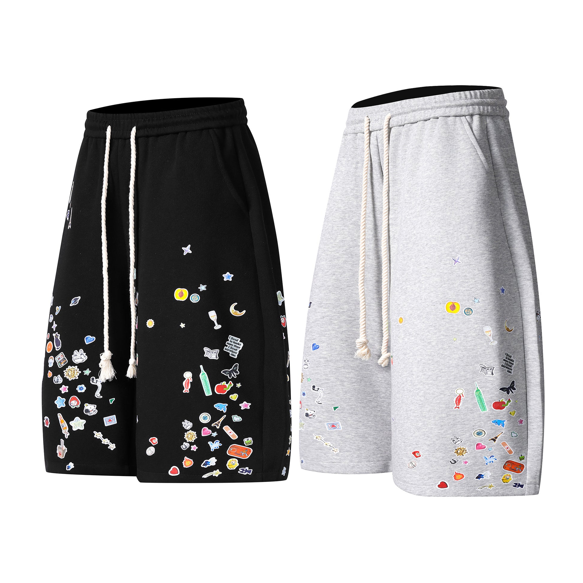 Kawaii sticker print fleece shorts both colorways angled