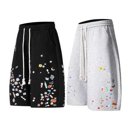 Kawaii Sticker Print Fleece Shorts Wide Leg High Waist Drawstring Sweat Shorts Streetwear Summer Casual | Sticker Bomb