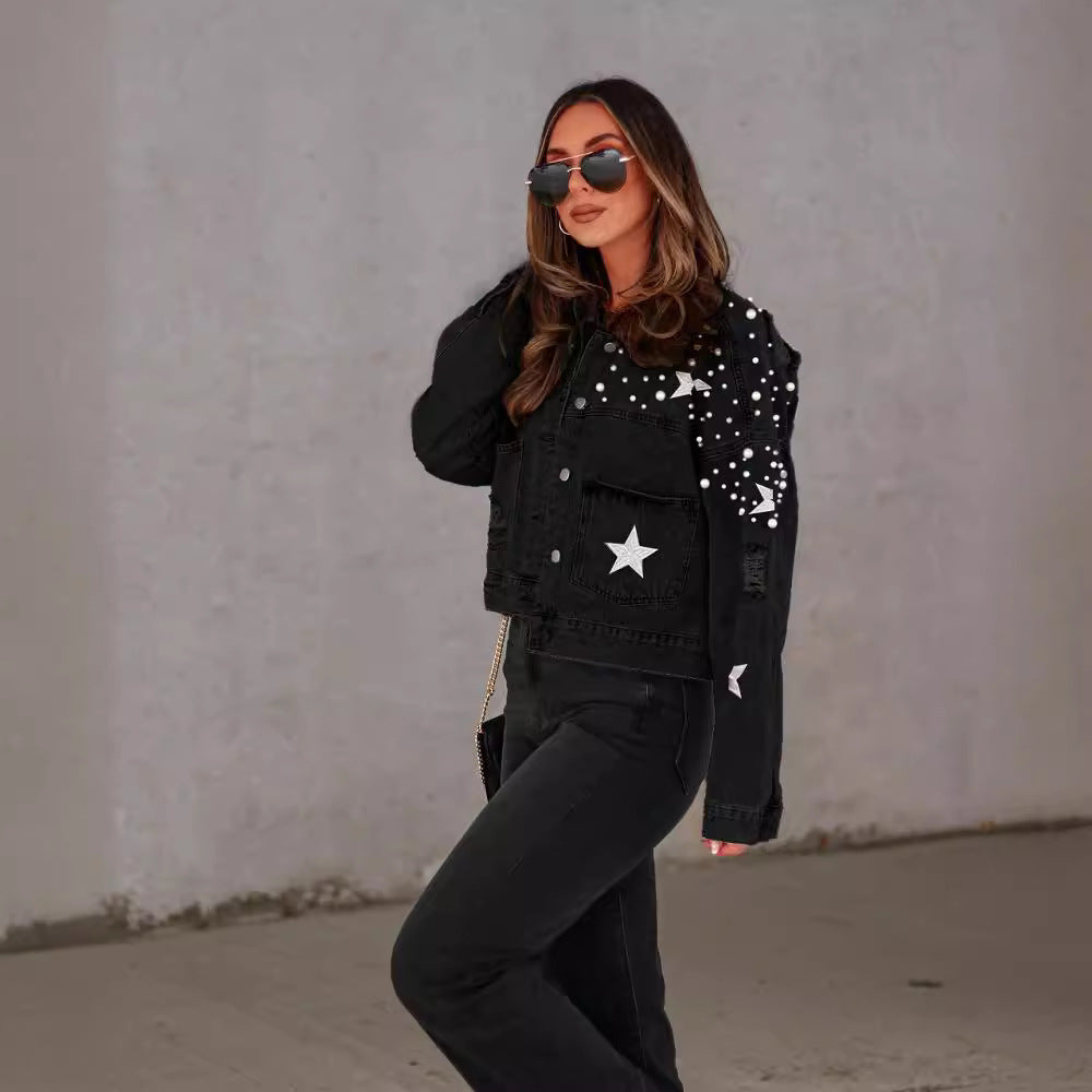 AliExpress fashion Europe and America heavy beading women's loose jeans coat