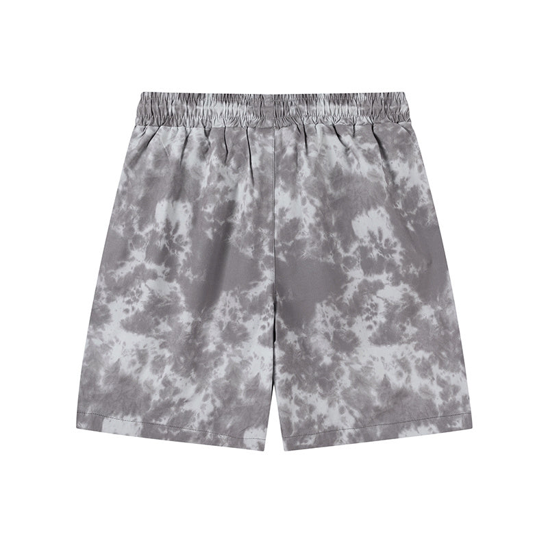 Black and gray tie-dye graphic shorts with drawstring waist and front pockets - view 5
