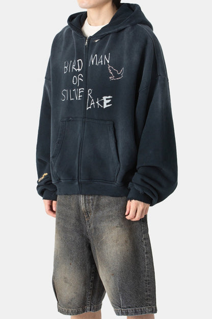 Paly Hollywood Birdman of Silver Lake Zip Hoodie Washed Distressed Heavyweight Cotton Oversized Zip-Up Streetwear Sweatshirt | Silver Lake