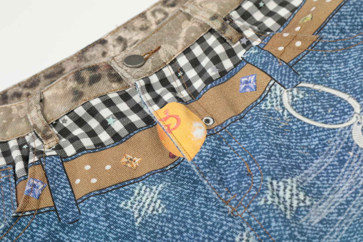 Women's Leopard Gingham Patchwork Star Print Number Embroidery High Waist Wide Leg Denim Shorts Y2K Streetwear Bermuda Jean Shorts