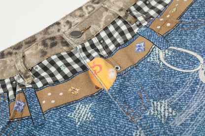 Women's Leopard Gingham Patchwork Star Print Number Embroidery High Waist Wide Leg Denim Shorts Y2K Streetwear Bermuda Jean Shorts
