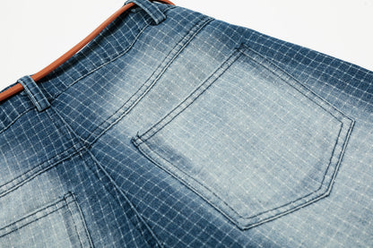 Grid Jacquard Washed Wide Leg Denim Shorts High Waist Bleached Vintage Belt Included Y2K Streetwear
