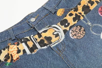 Women's RVNTENG Leopard Belt Multi-Badge Key Charm Wide Leg Denim Shorts High Waist Y2K Streetwear Jean Shorts