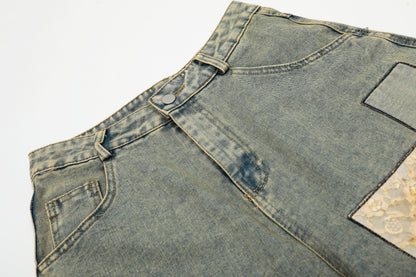 Women's Multicolor Plaid Patchwork Wide Leg Denim Shorts High Waist Y2K Vintage Wash Baggy Jean Shorts