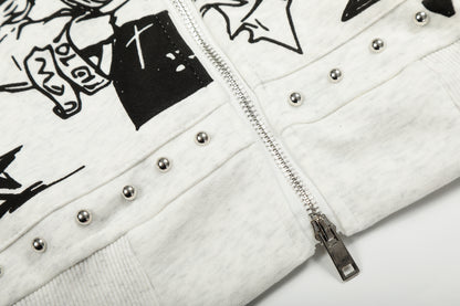 Anime Graphic Faux Fur Collar Zip Hoodie Jacket Studded Streetwear Y2K Grunge Winter Coat