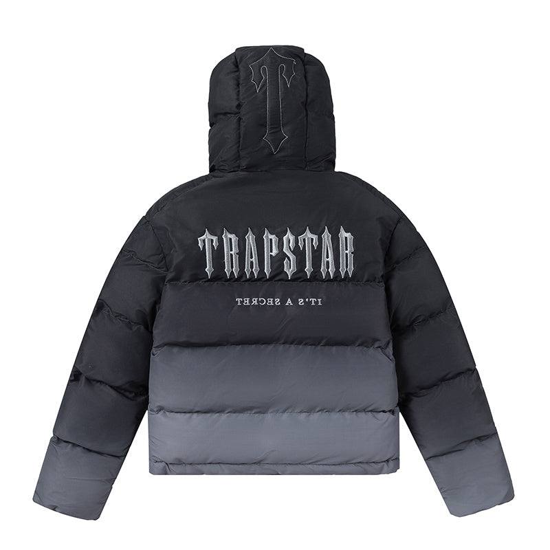 Trapstar black and gray hooded puffer jacket with quilted panels, full zip closure, and front pockets - view 5
