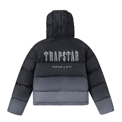 Trapstar Black and Gray Hooded Puffer Jacket, Quilted Zip-Up Streetwear Coat
