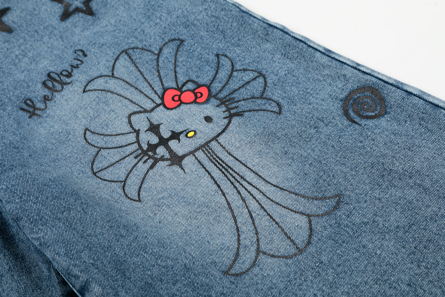 Hello Kitty Cross Star Graphic Wide Leg Denim Shorts High Waist Washed Y2K Streetwear Summer Shorts