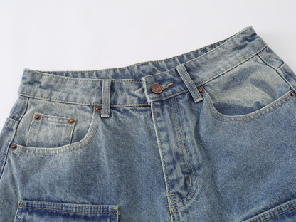 Multi-Pocket Cargo Denim Shorts Wide Leg High Waist Light Wash Vintage Streetwear Summer Casual Jean Shorts | Pocket Riot