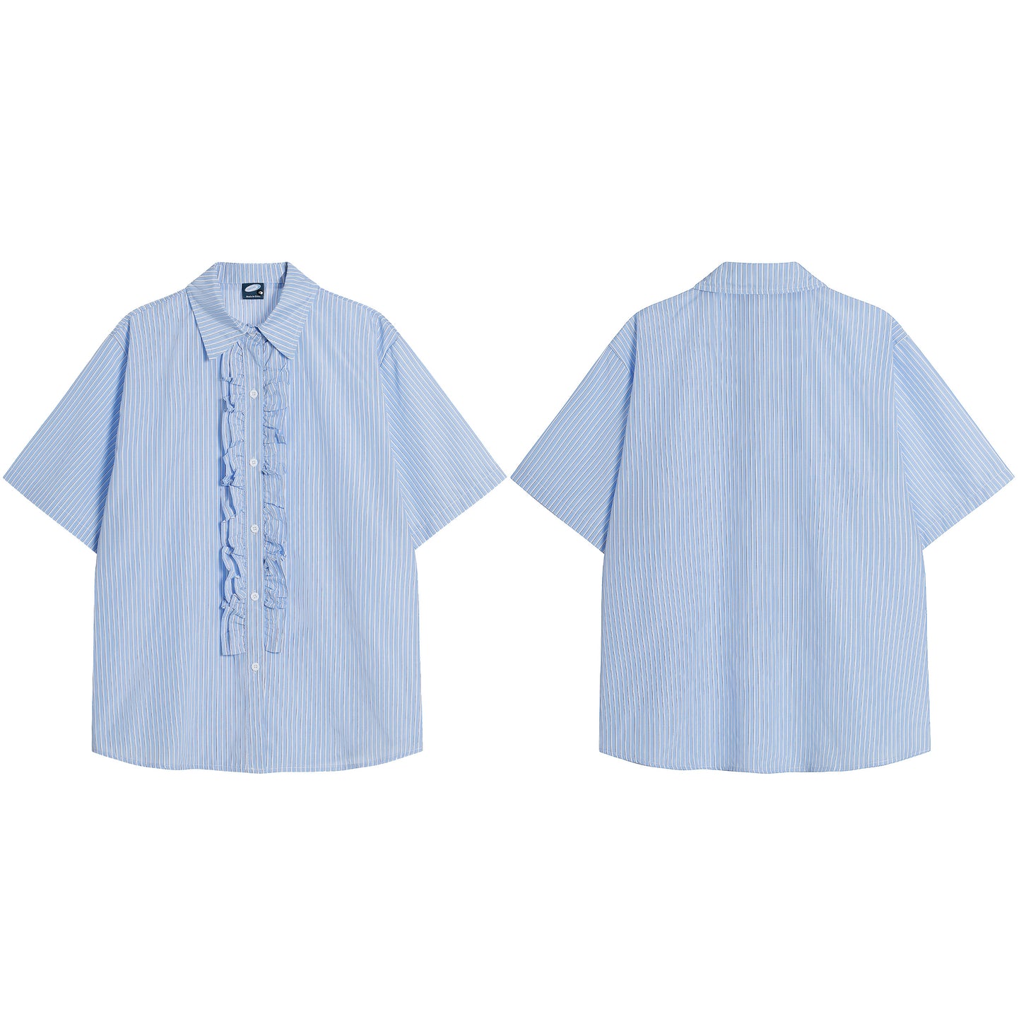 Ruffle front stripe shirt light blue - front and back flat lay