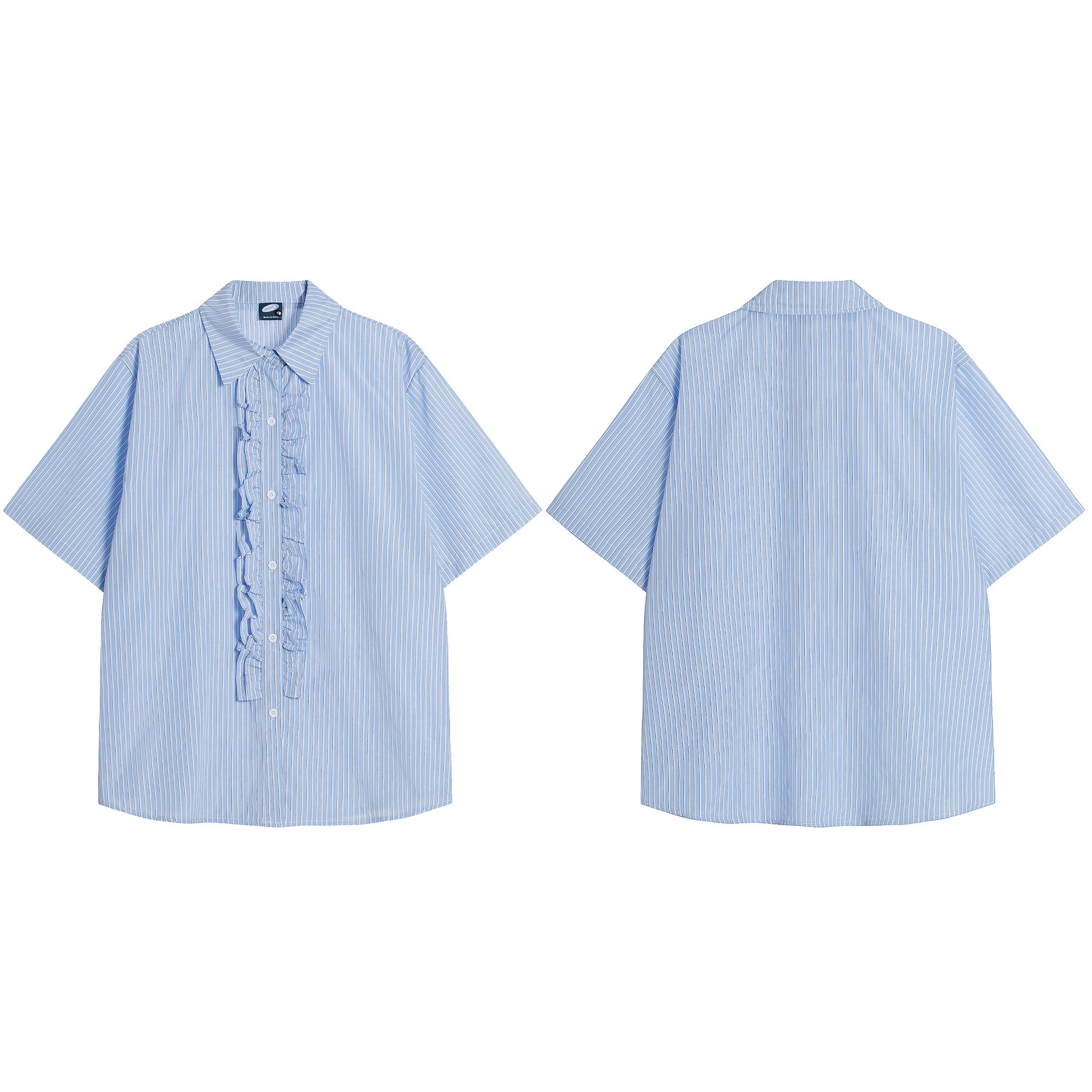 Ruffle front stripe shirt light blue - front and back flat lay
