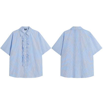Ruffle Front Stripe Short Sleeve Shirt Oversized Button Down Feminine Casual Summer Top | Ruffle Stripe