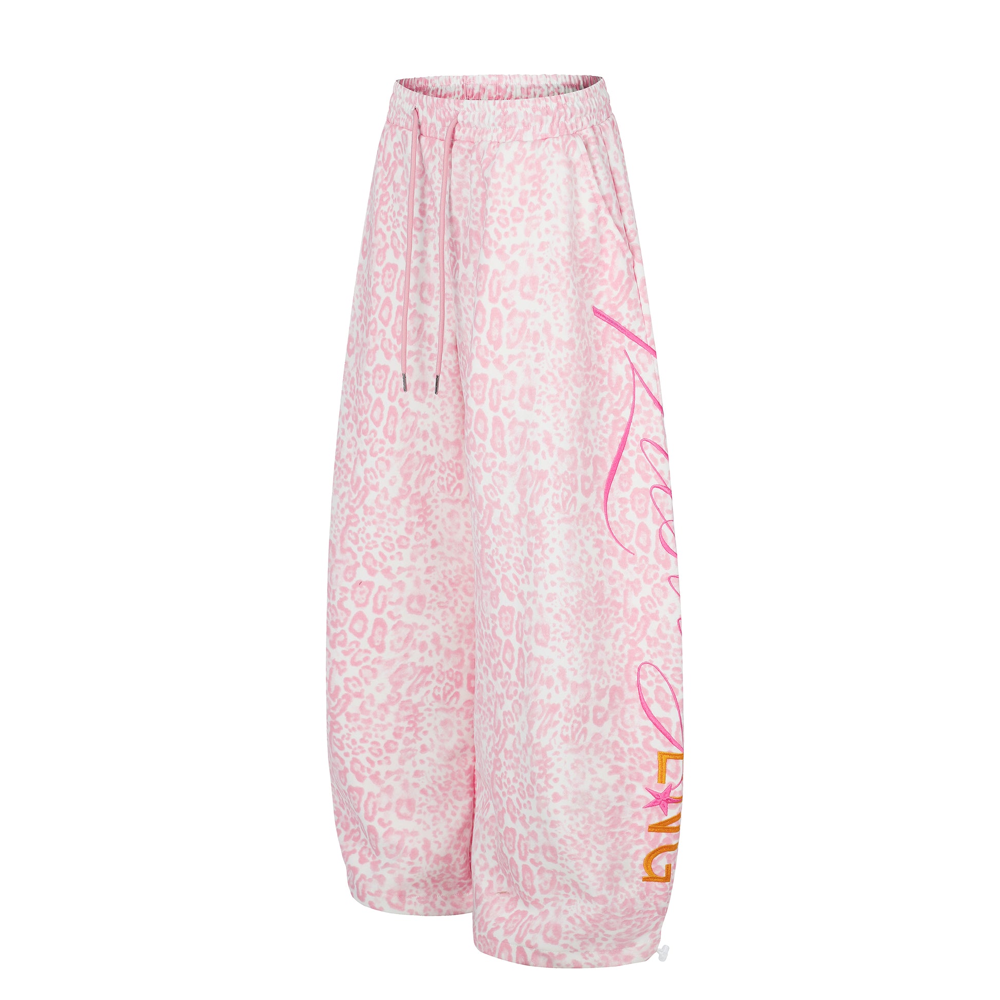 Women's Pink Leopard Wide Leg Pants - Fabric Close-up