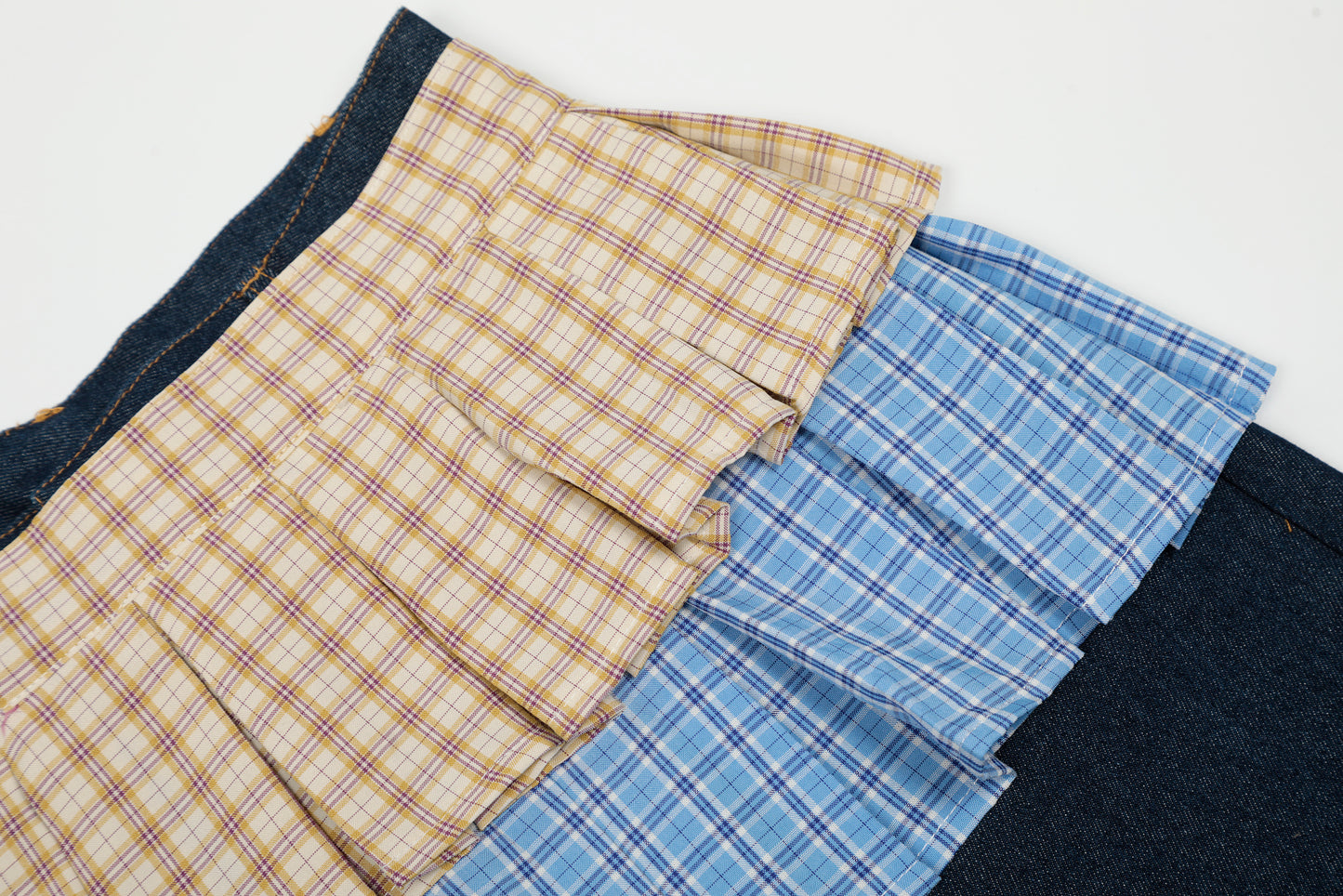 Double Layer Plaid Pleated Skirt Hem Patchwork Denim Shorts Side Tie JK Streetwear Y2K