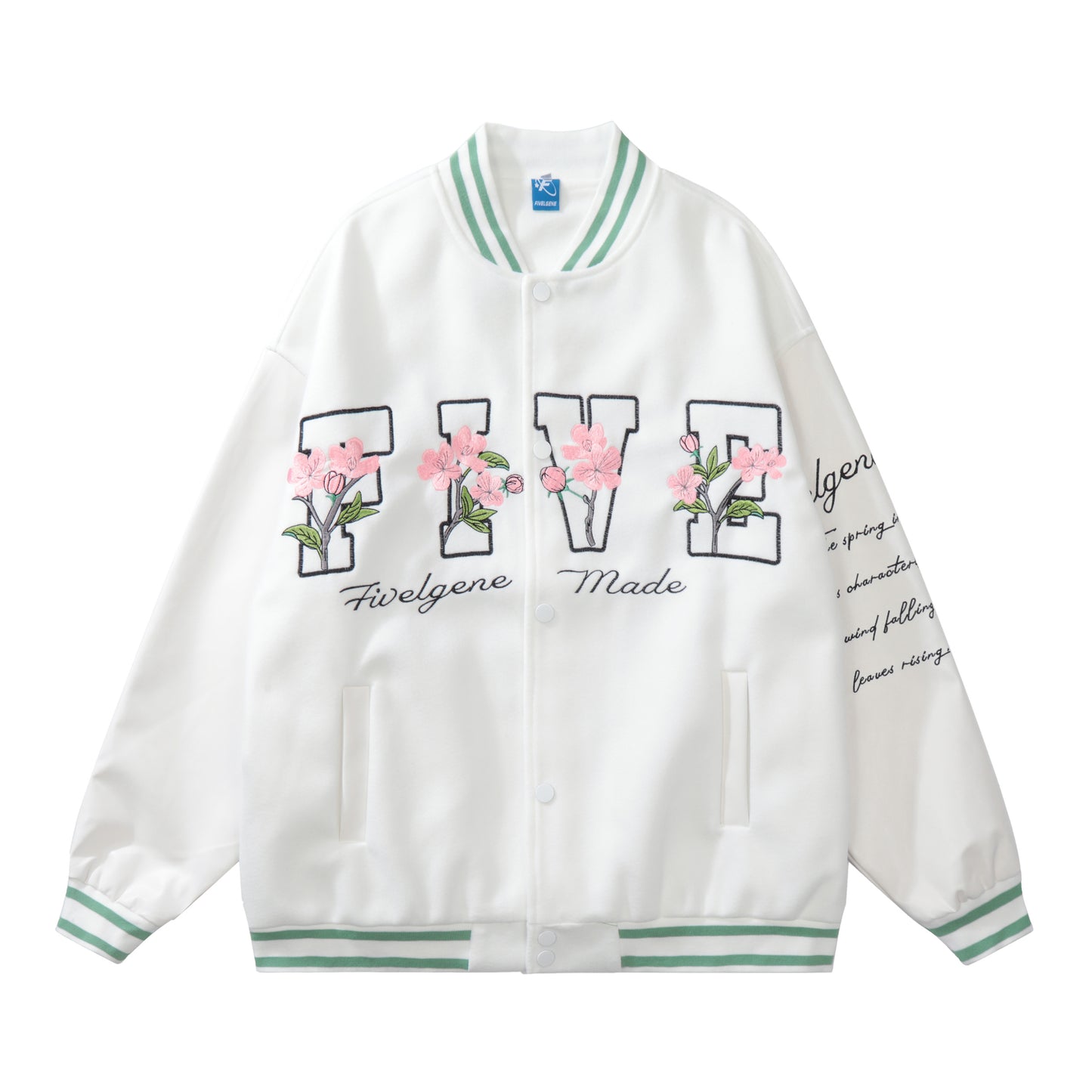 White baseball jacket back BATTER FIVELGENE star floral print