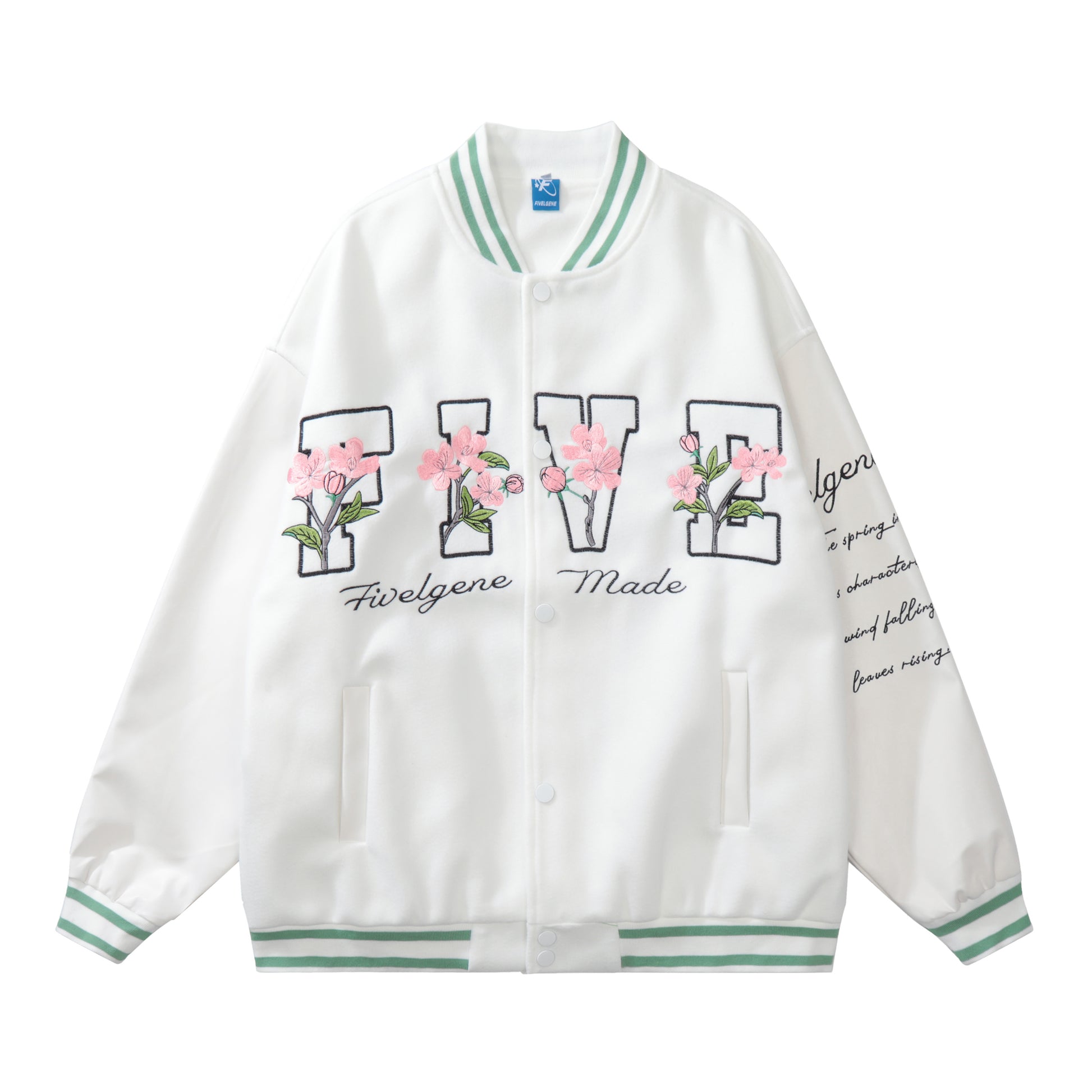 White baseball jacket back BATTER FIVELGENE star floral print