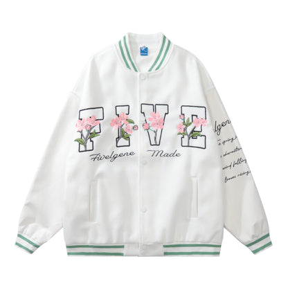 Oversized Floral Embroidery Baseball Jacket Snap Button Color Block Streetwear Casual Fall Outerwear