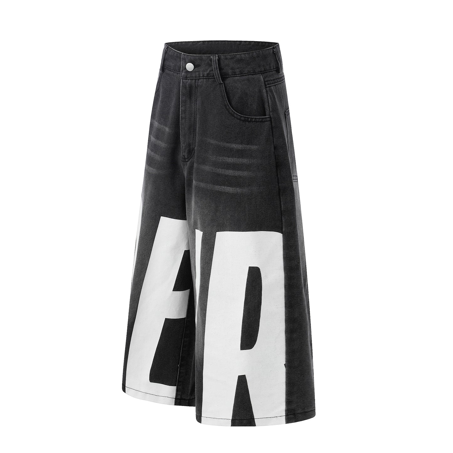 Letter Print Wide Leg Denim Shorts - Blue Front