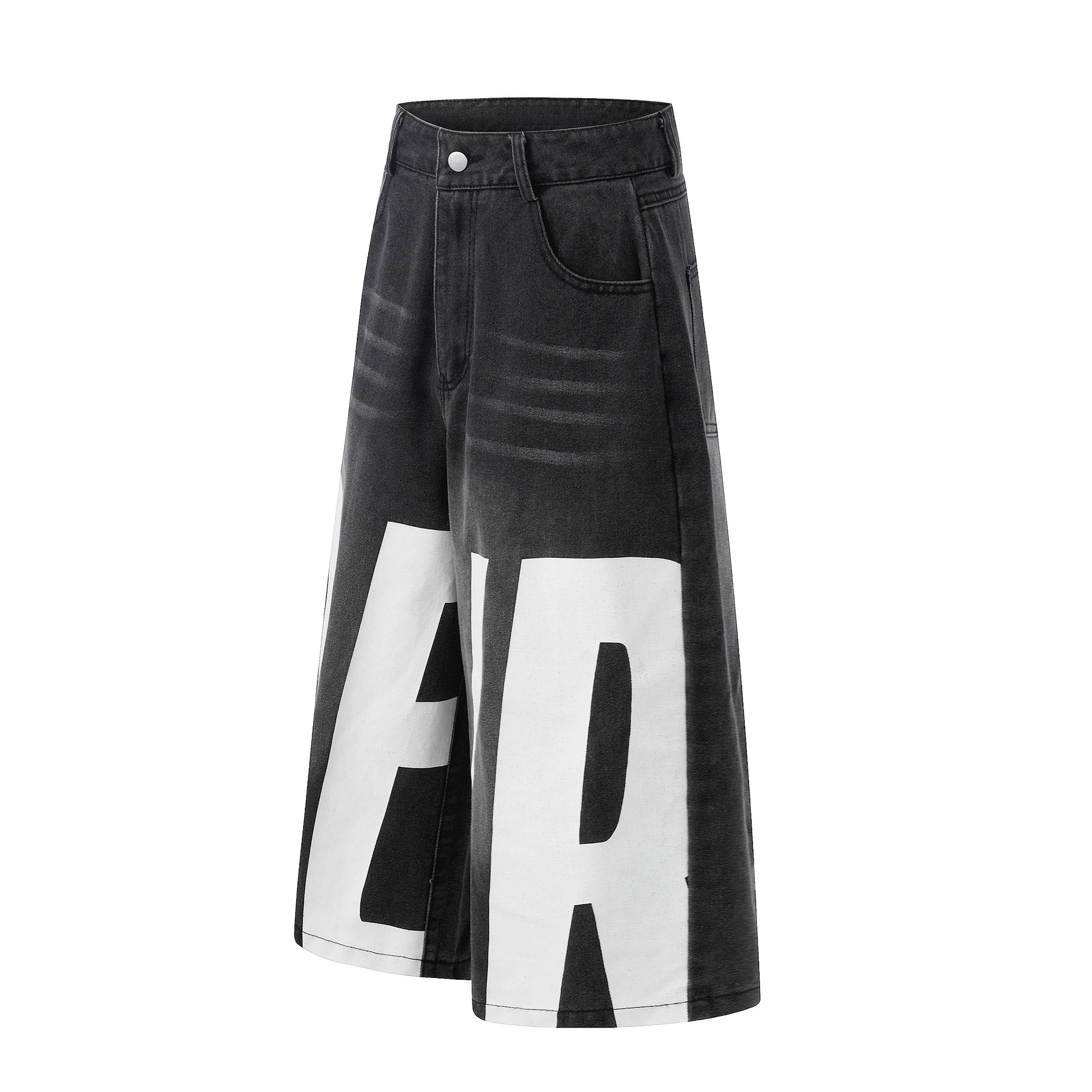 Letter Print Wide Leg Denim Shorts - Blue Front