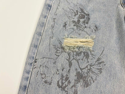 Represent Sketch Allover Print Wide Leg Jeans Heavy Washed Distressed Ripped Raw Hem Straight Denim | Rept Wide