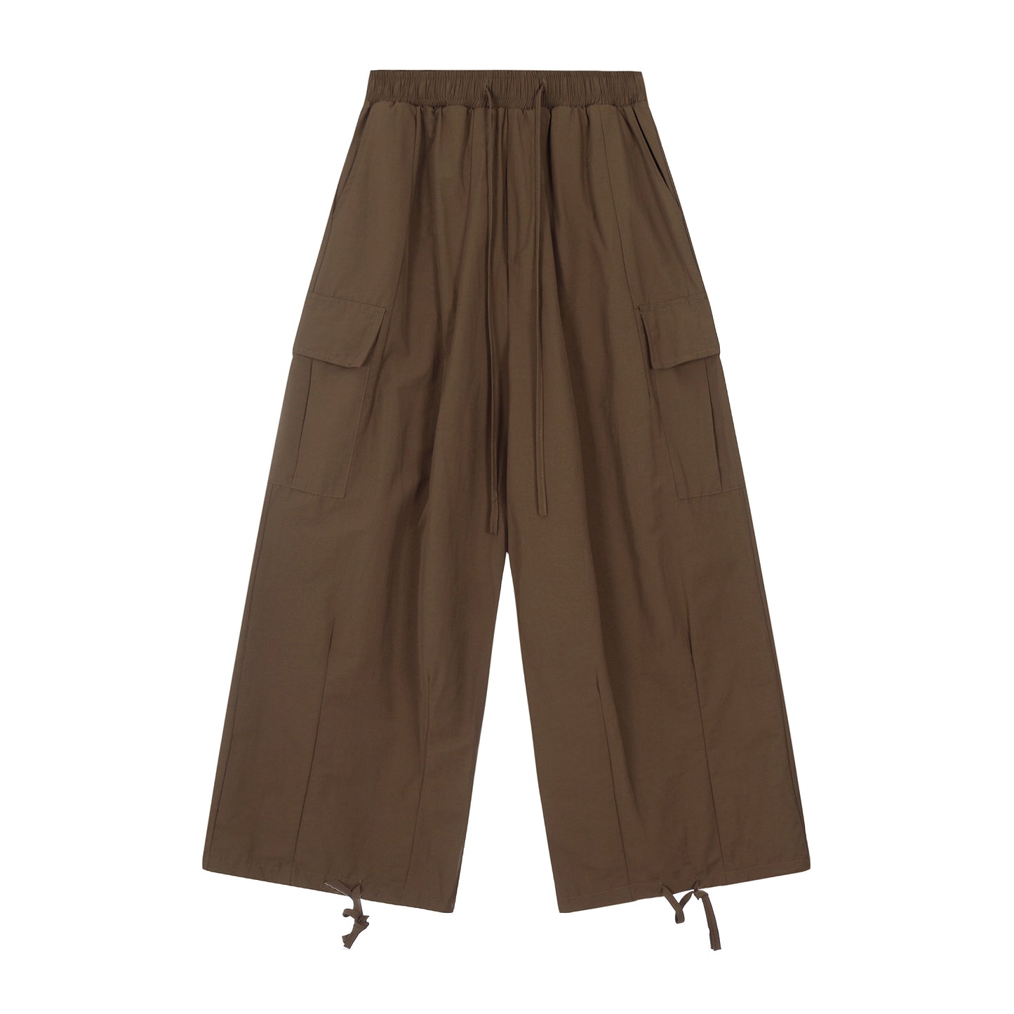 Elastic Waist Drawstring Cargo Wide Leg Pants - Brown Back